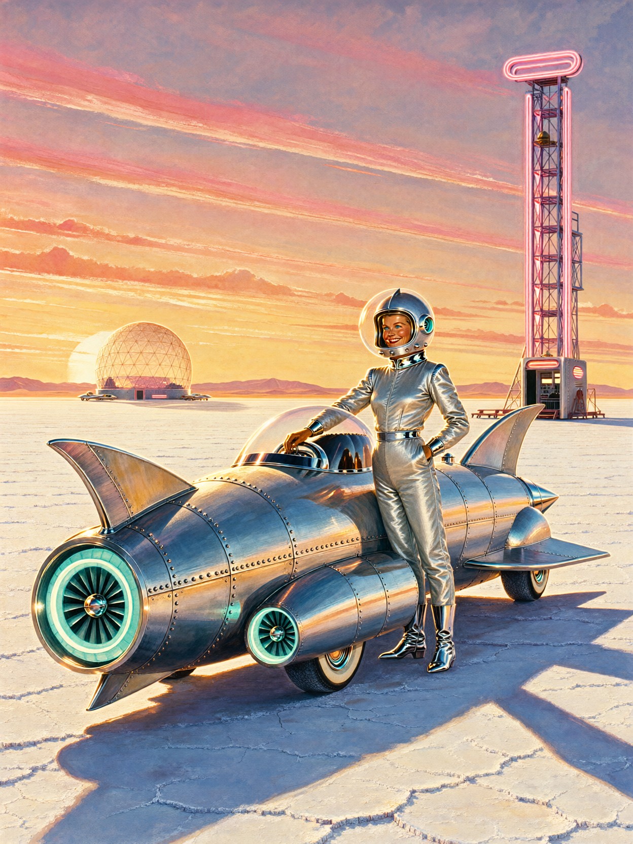 Atomic Age Test Pilot Rocket Car — AI generated image