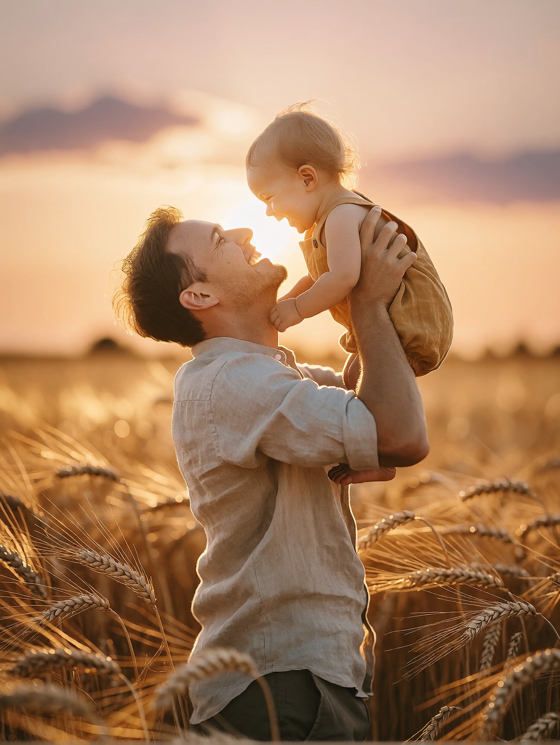 Father and Toddler in Golden Wheat — AI generated image