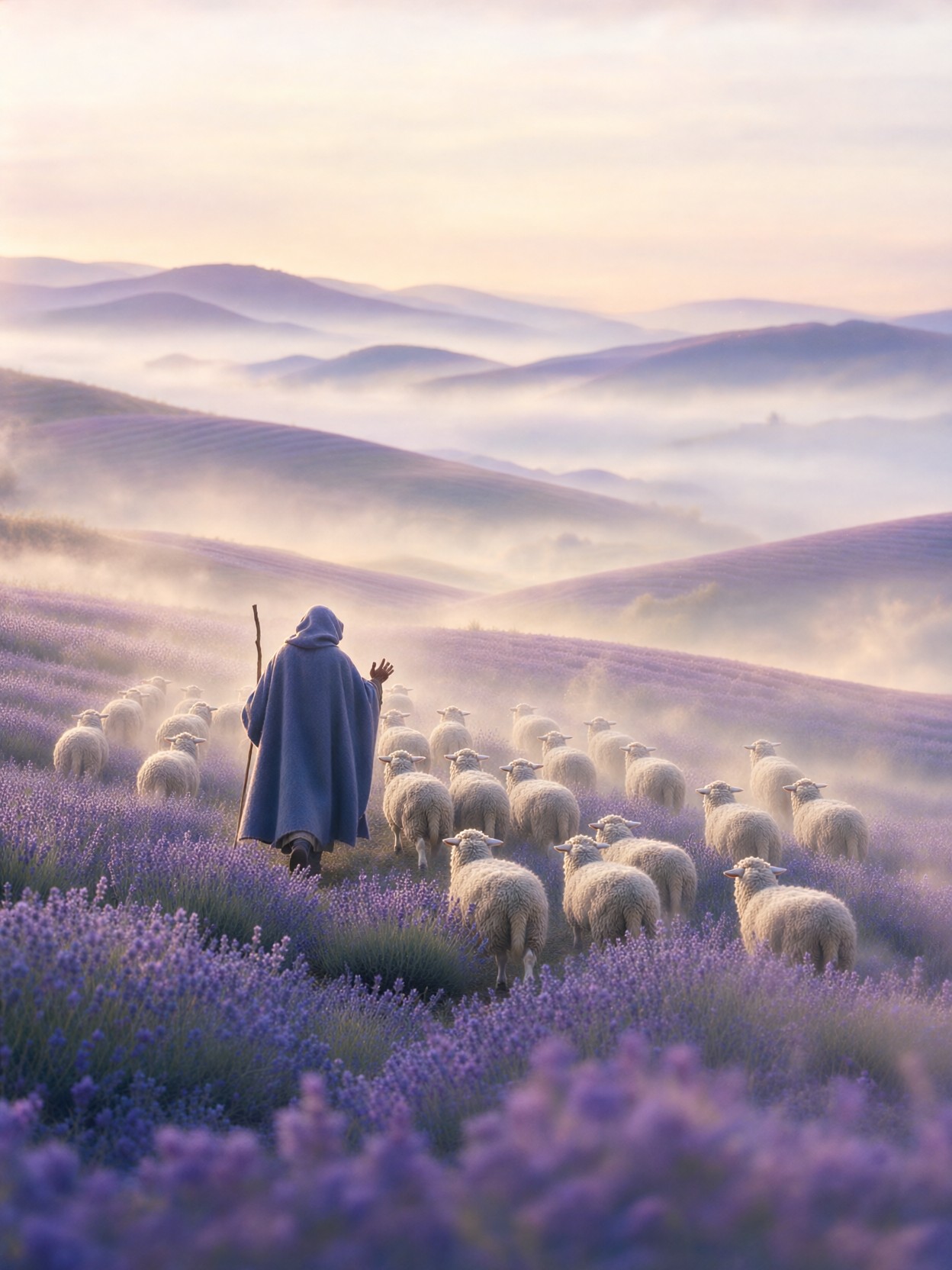 Shepherd In Lavender Mist Sunrise — AI generated image