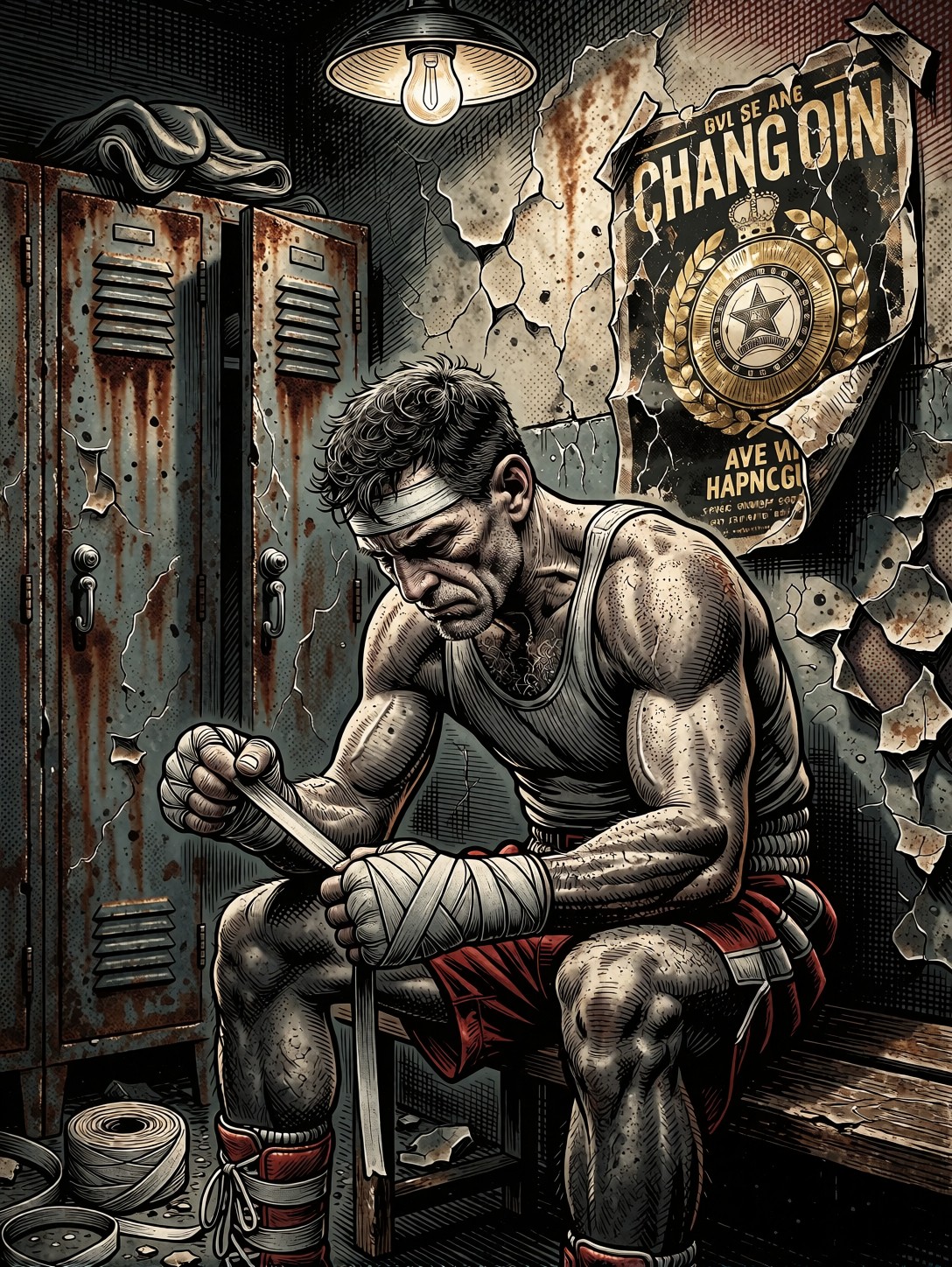 Weary Boxer In Crumbling Gym — AI generated image