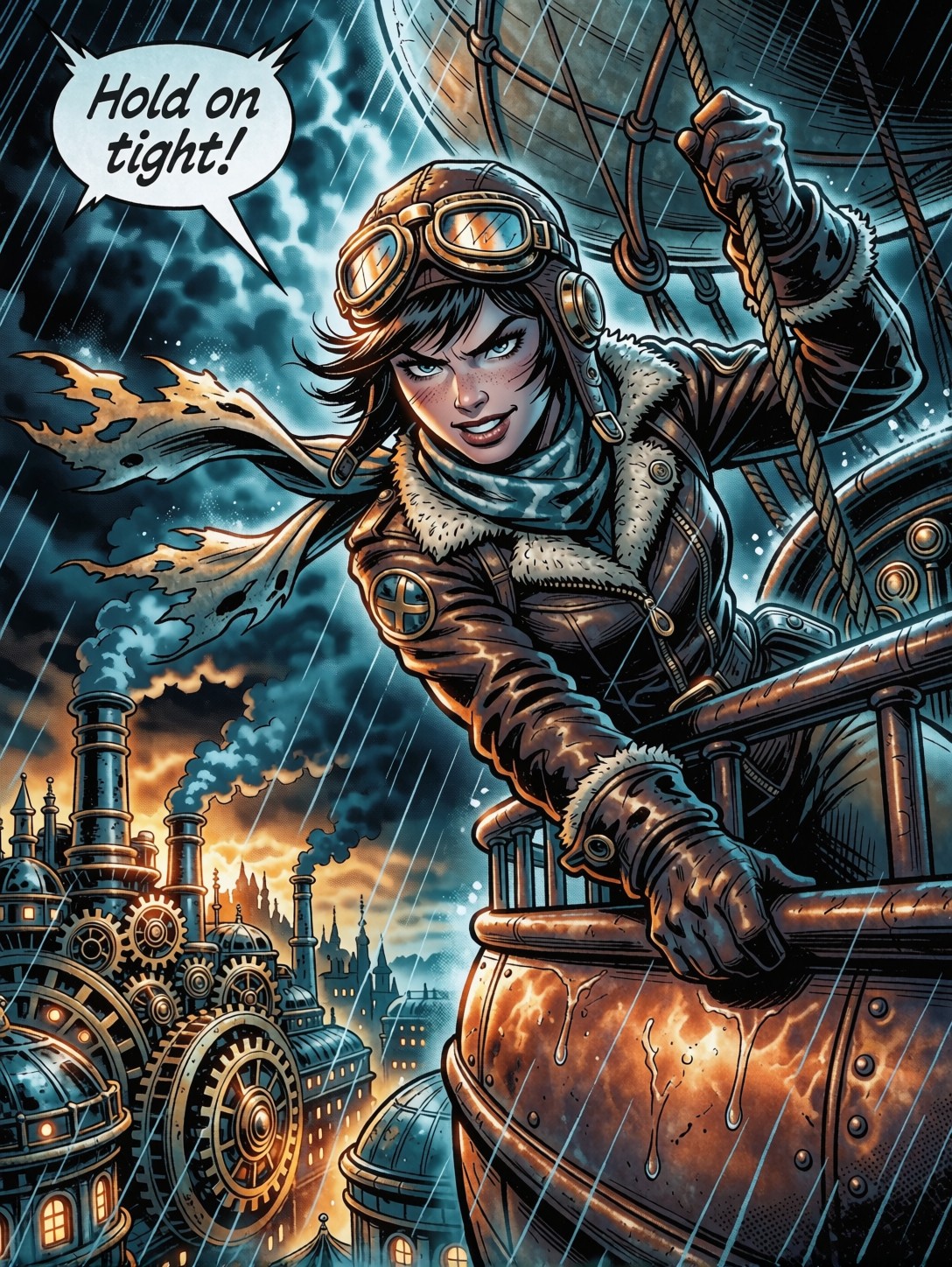 Airship Pilot Over Steampunk City — AI generated image