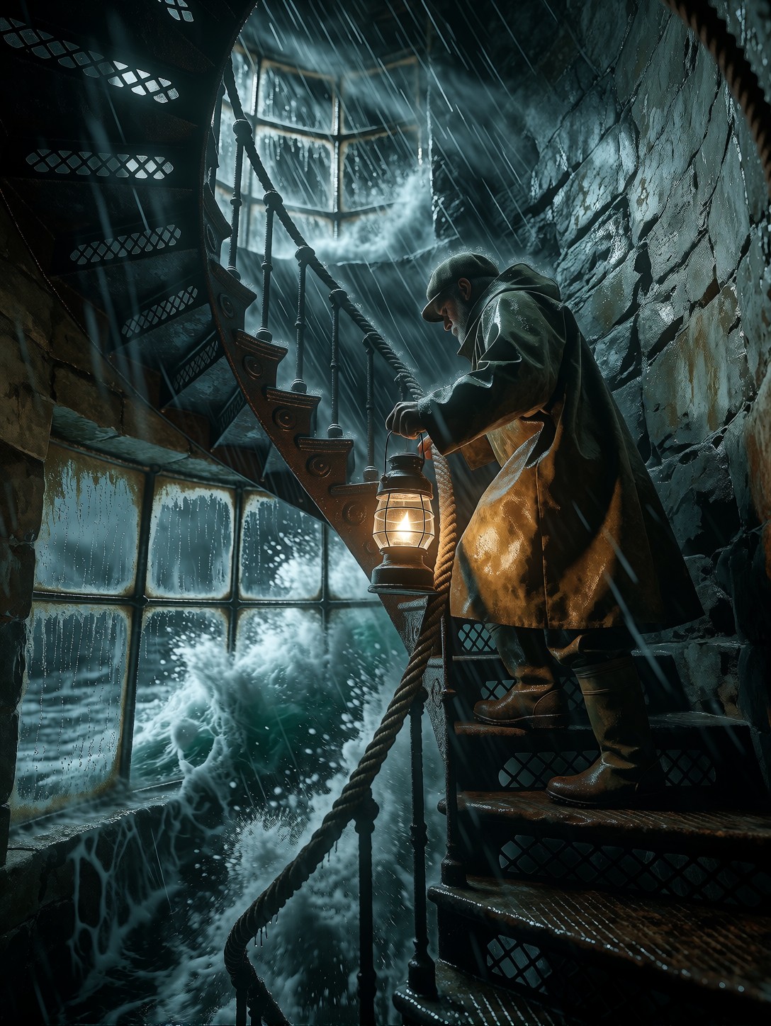 Lighthouse Keeper Climbing Storm Tower — AI generated image