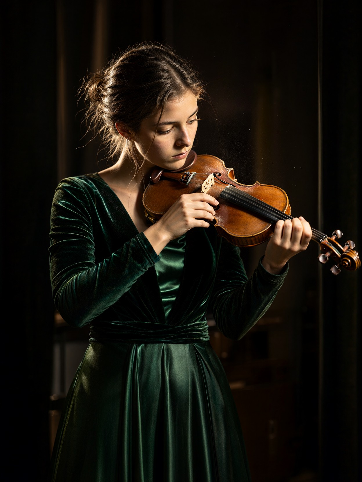 Young Violinist In Emerald Gown — AI generated image