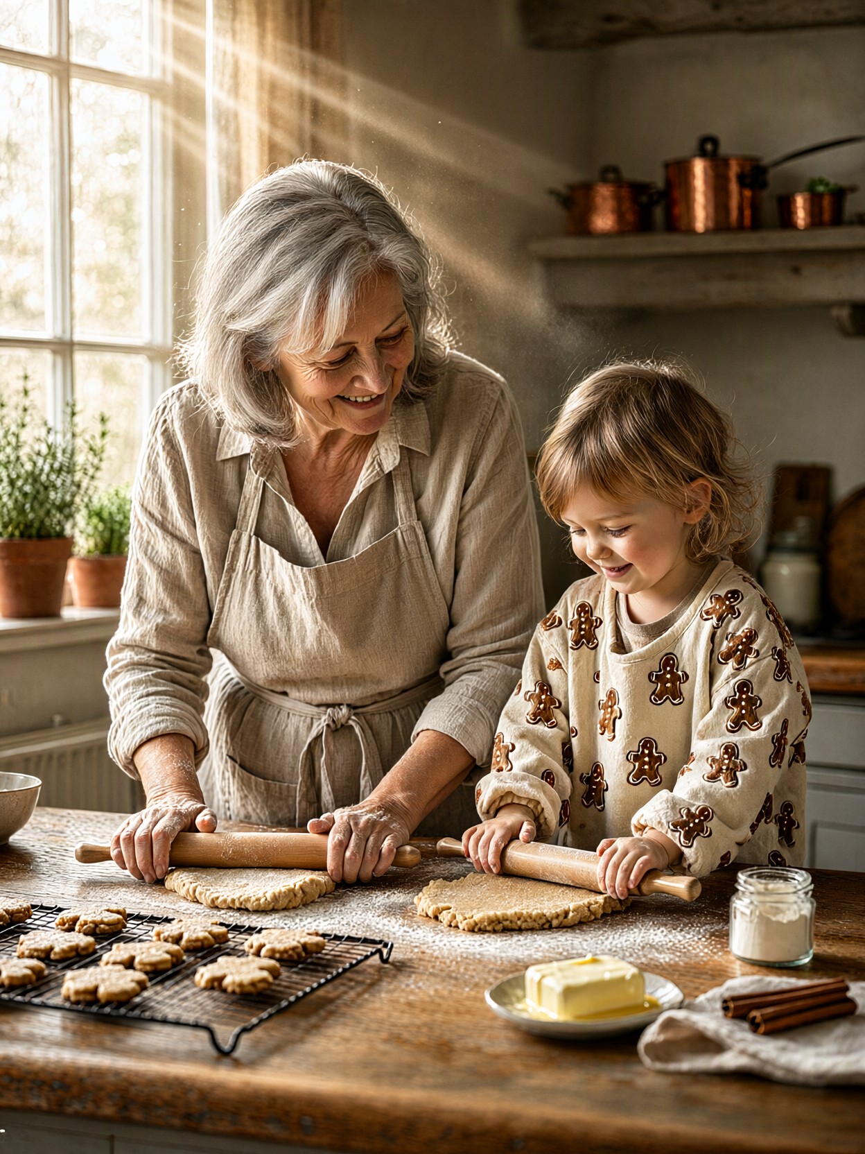 Sunlit Grandmother And Grandchild Baking Cookies — AI generated image