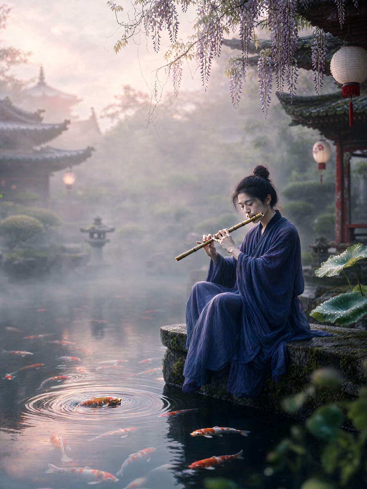 Flutist In Misty Temple Garden — AI generated image