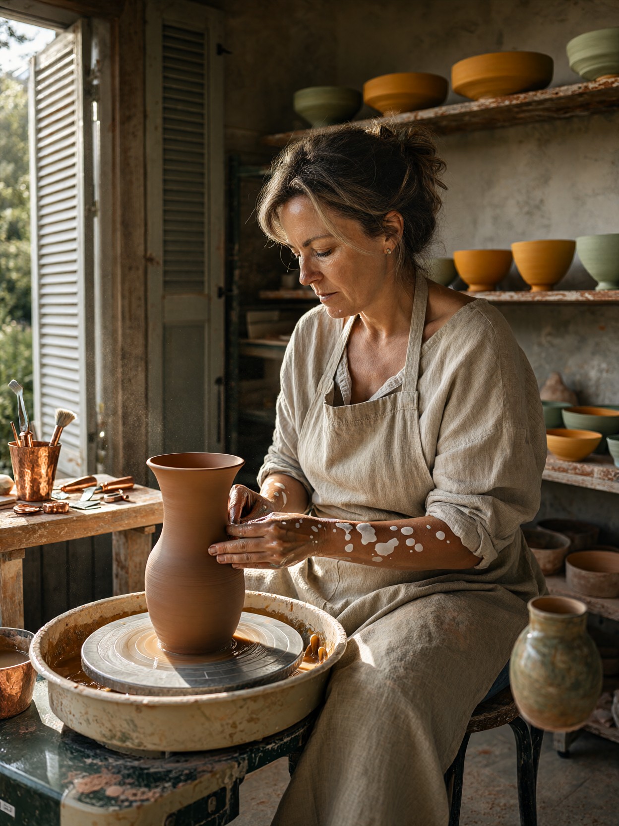 Potter Shaping Vase in Morning Light — AI generated image