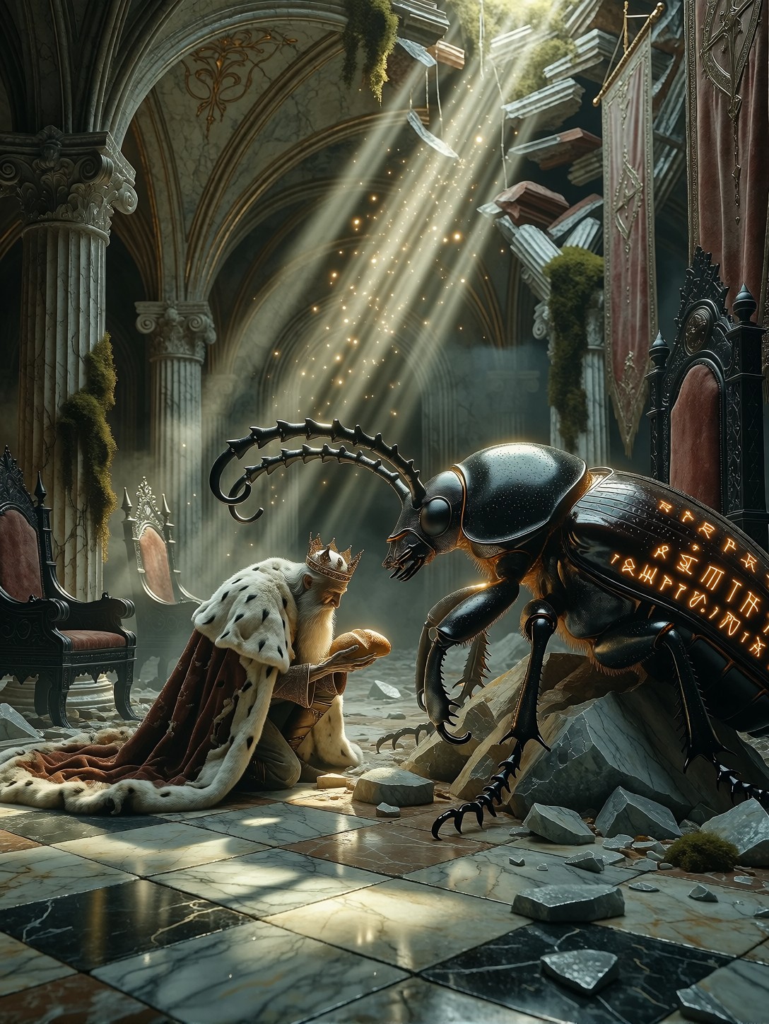 Ruined King Kneels Before Obsidian Beetle God — AI generated image