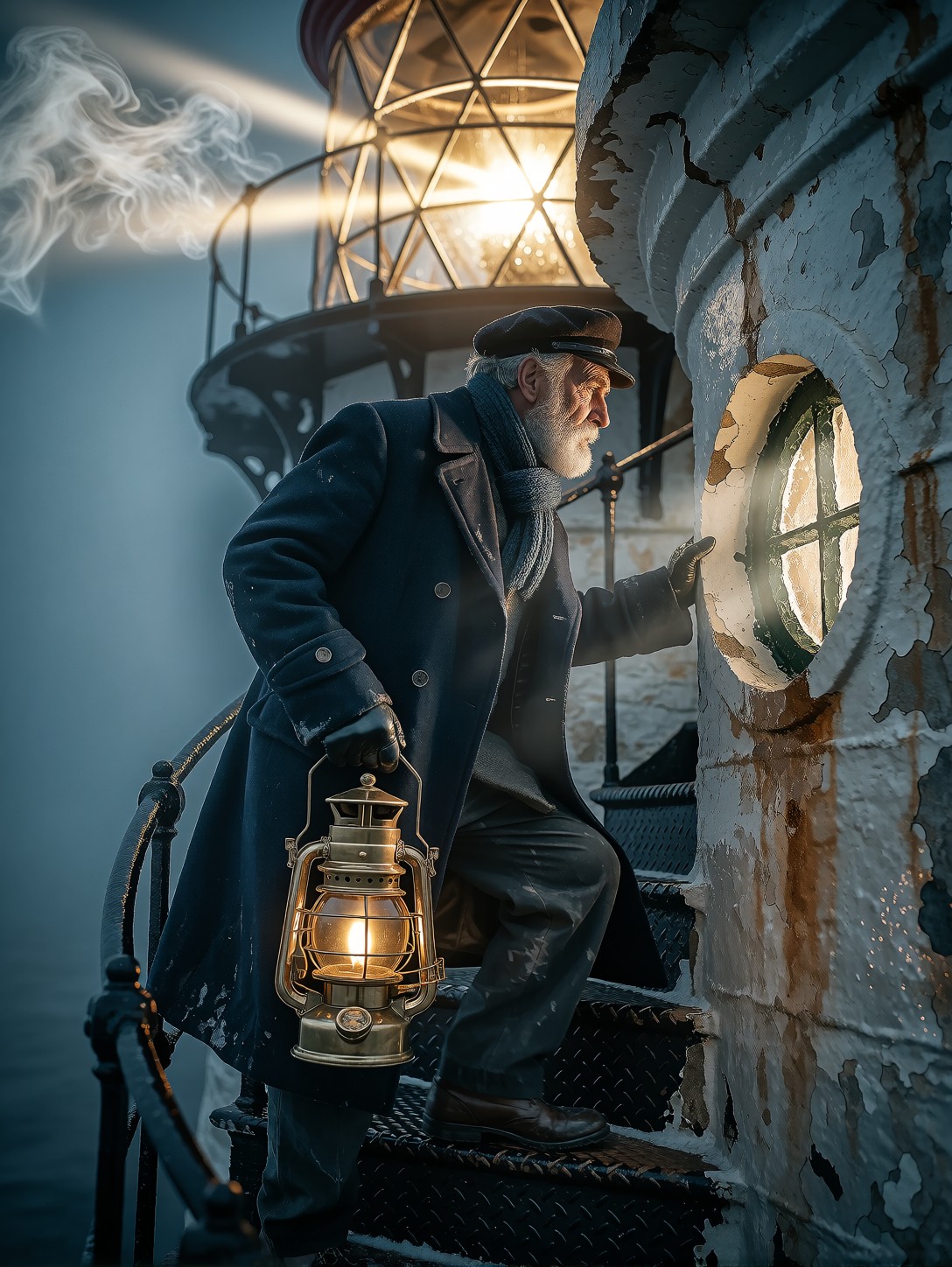 Lighthouse Keeper Climbing To Dawn — AI generated image