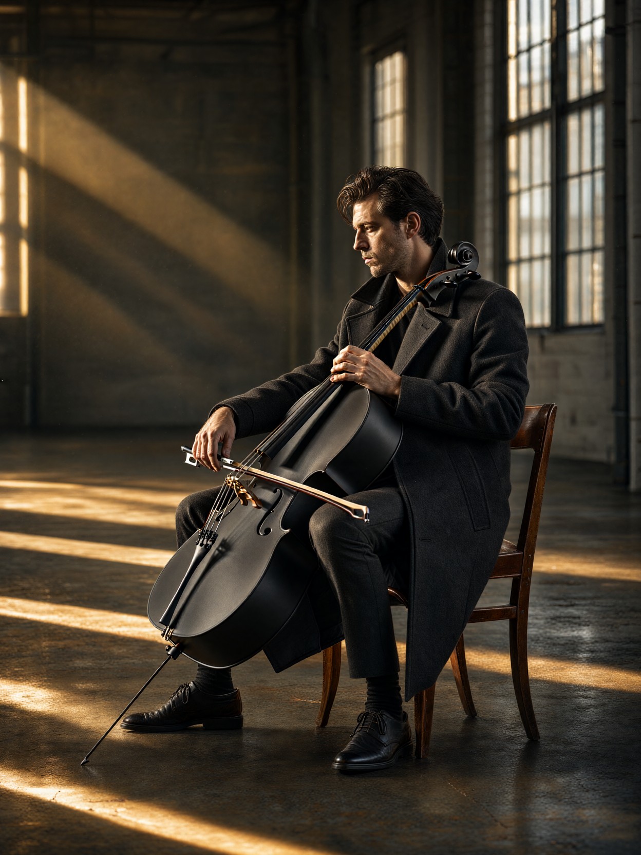 Cellist In Sunlit Industrial Loft — AI generated image