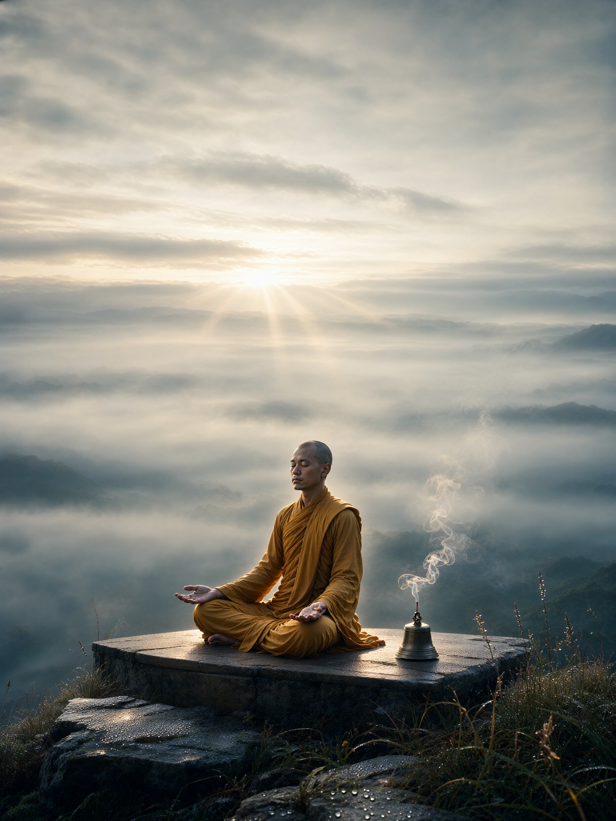 Monk Meditating Over Misty Dawn Valley — AI generated image
