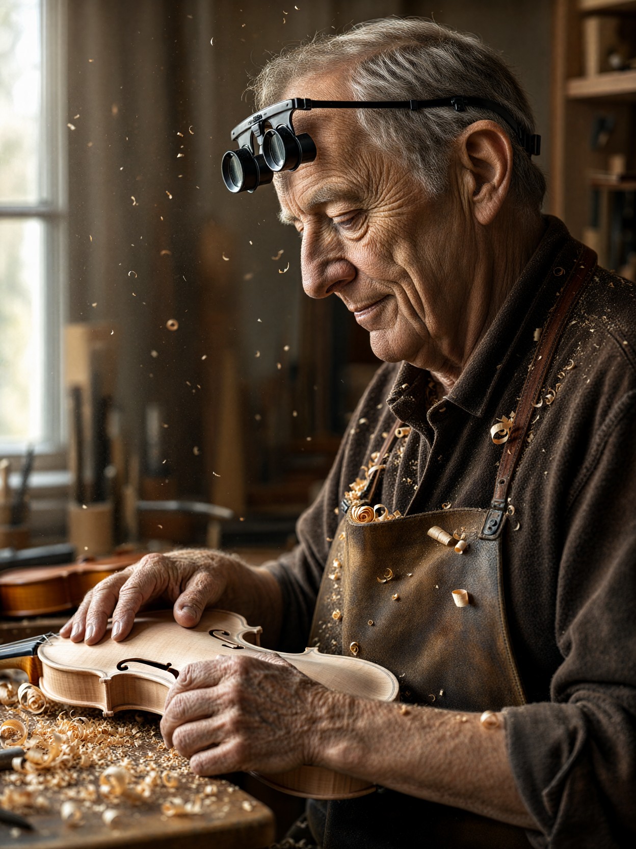 Elderly Luthier Crafting Violin Portrait — AI generated image