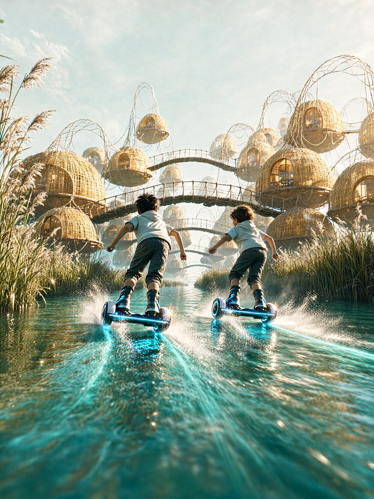 Joyful Flight Over Golden Canal City — AI generated image
