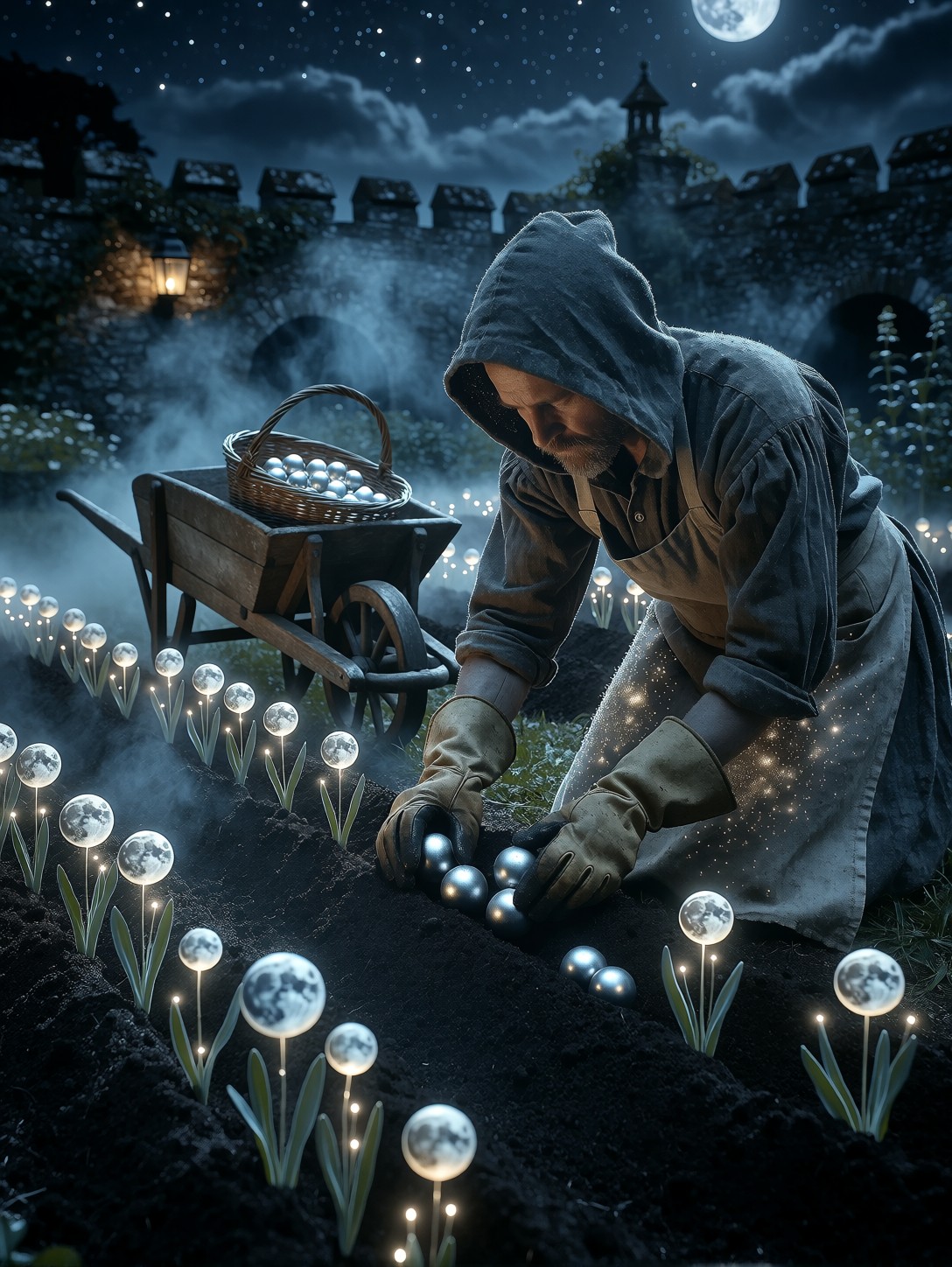 Hooded Gardener Planting Glowing Moons — AI generated image