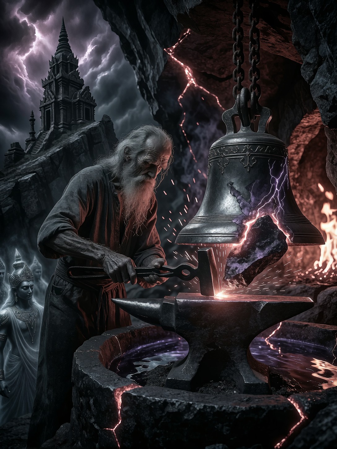 Bellsmith Forging Violet Meteorite Bell — AI generated image