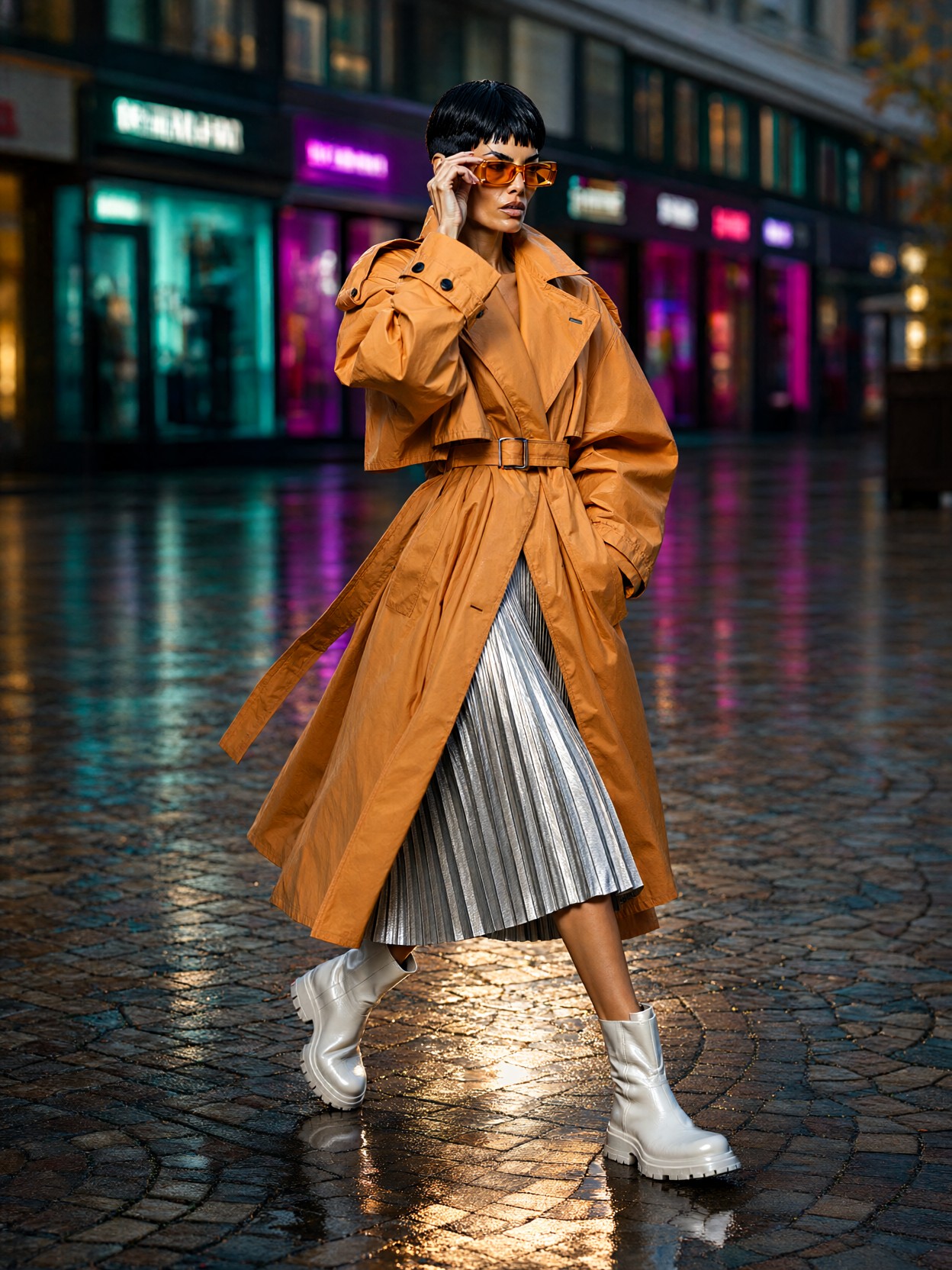 Model In Tangerine Coat At Dusk — AI generated image