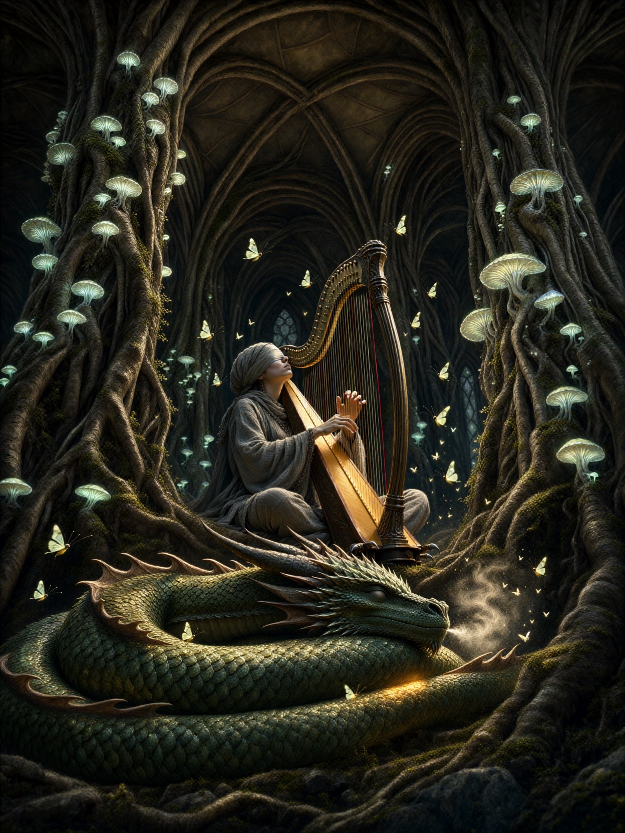 Blind Harpist Soothing Sleeping Dragon — AI generated image