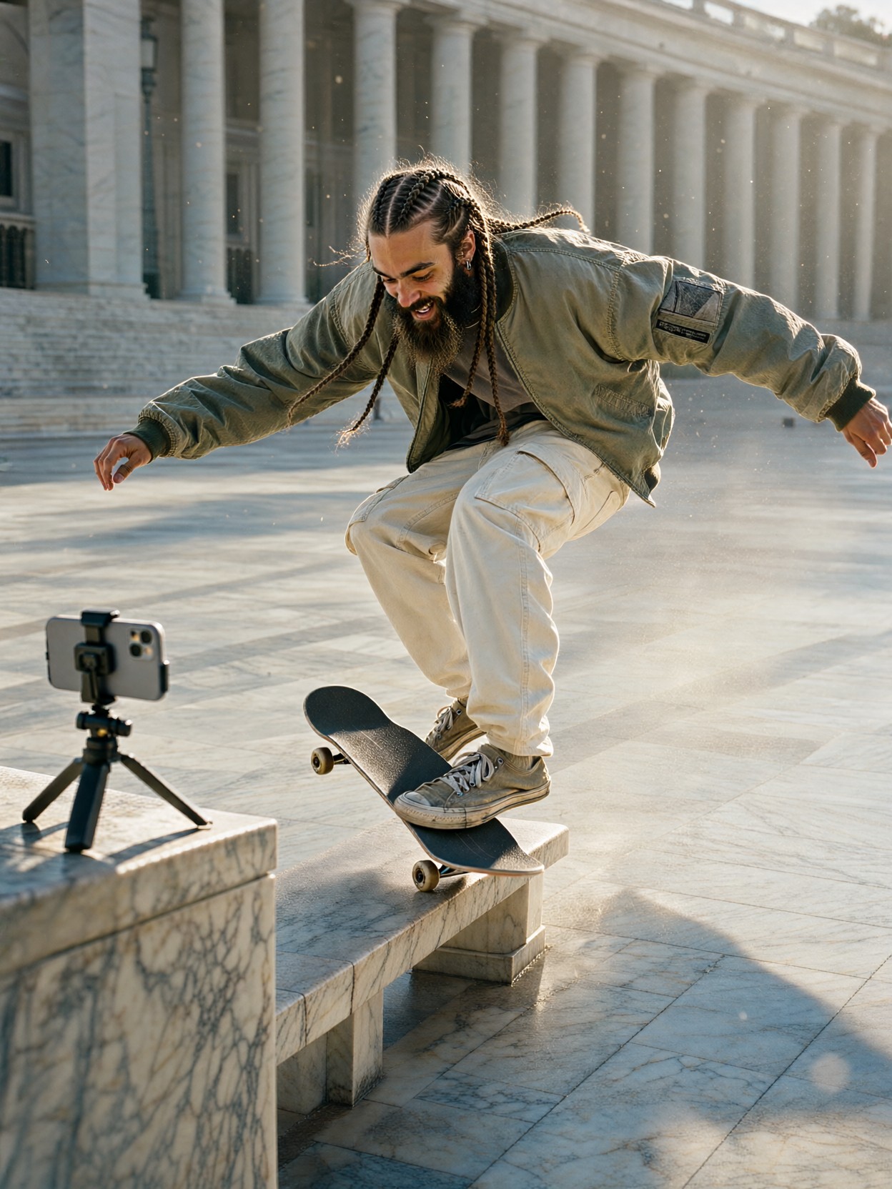 Skateboarder Filming Trick In Marble Plaza — AI generated image