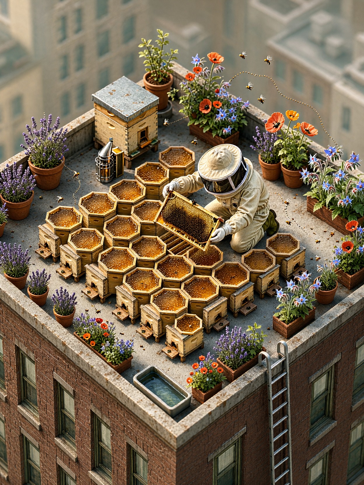 Rooftop Beekeeper Isometric Diorama — AI generated image