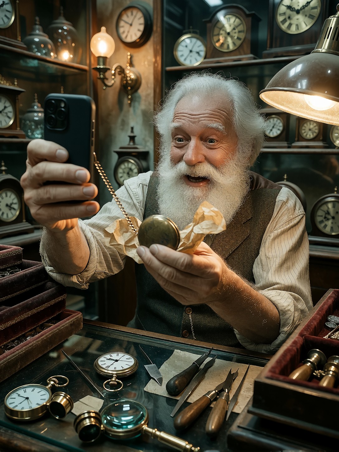 Elderly Vlogger Unwraps Antique Pocket Watch — AI generated image