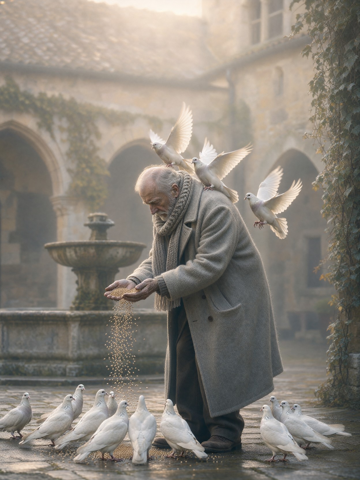 Elderly Man Feeding Doves Misty Courtyard — AI generated image