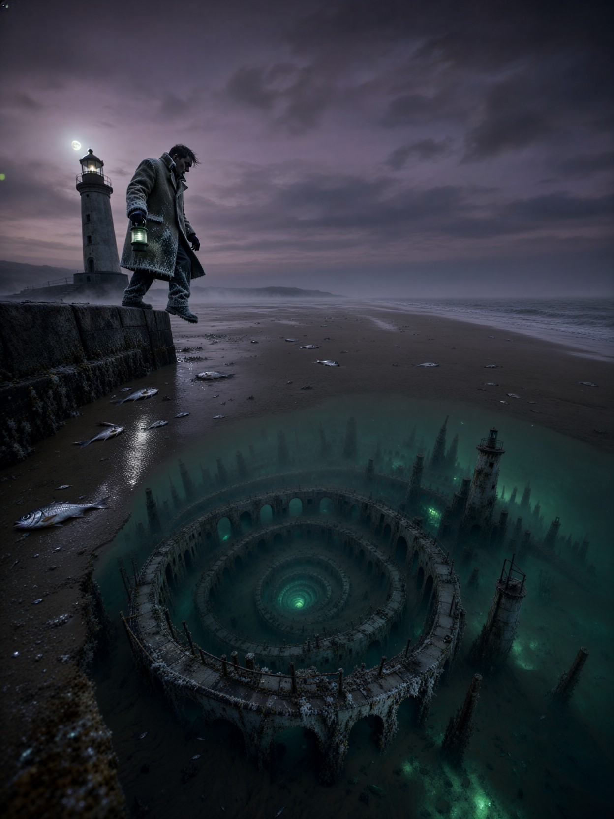 Lighthouse Keeper At Sunken Spiral City — AI generated image