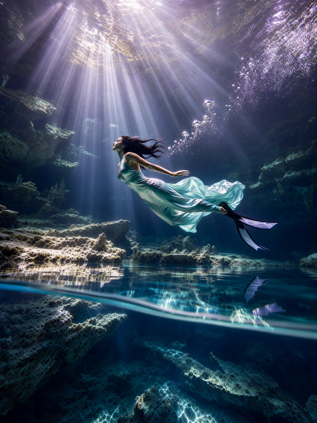 Freediver Gliding Through Sunlit Cenote — AI generated image