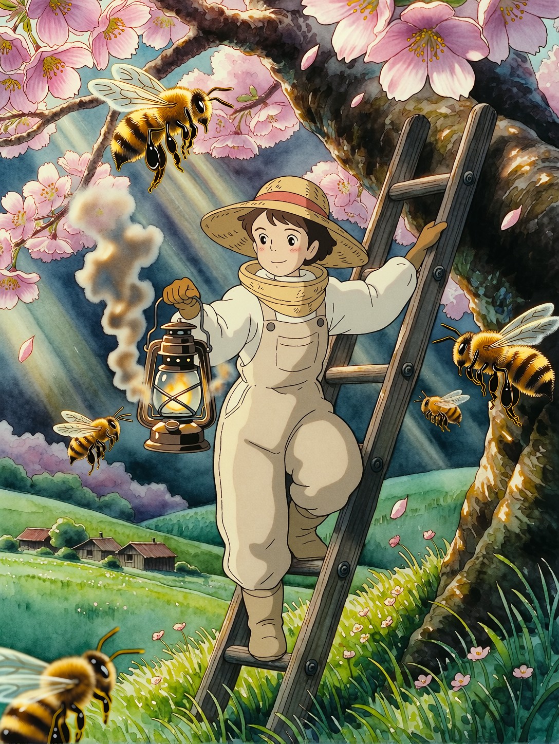 Ghibli Beekeeper Climbing Cherry Blossom Tree — AI generated image