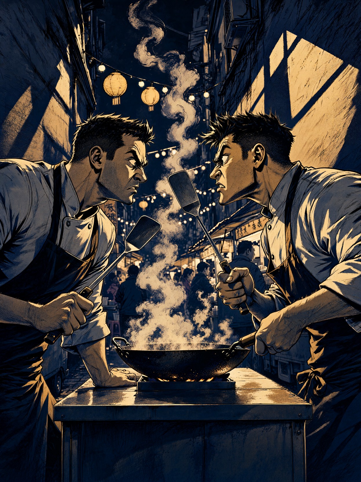 Rival Chefs Duelling At Night Market — AI generated image