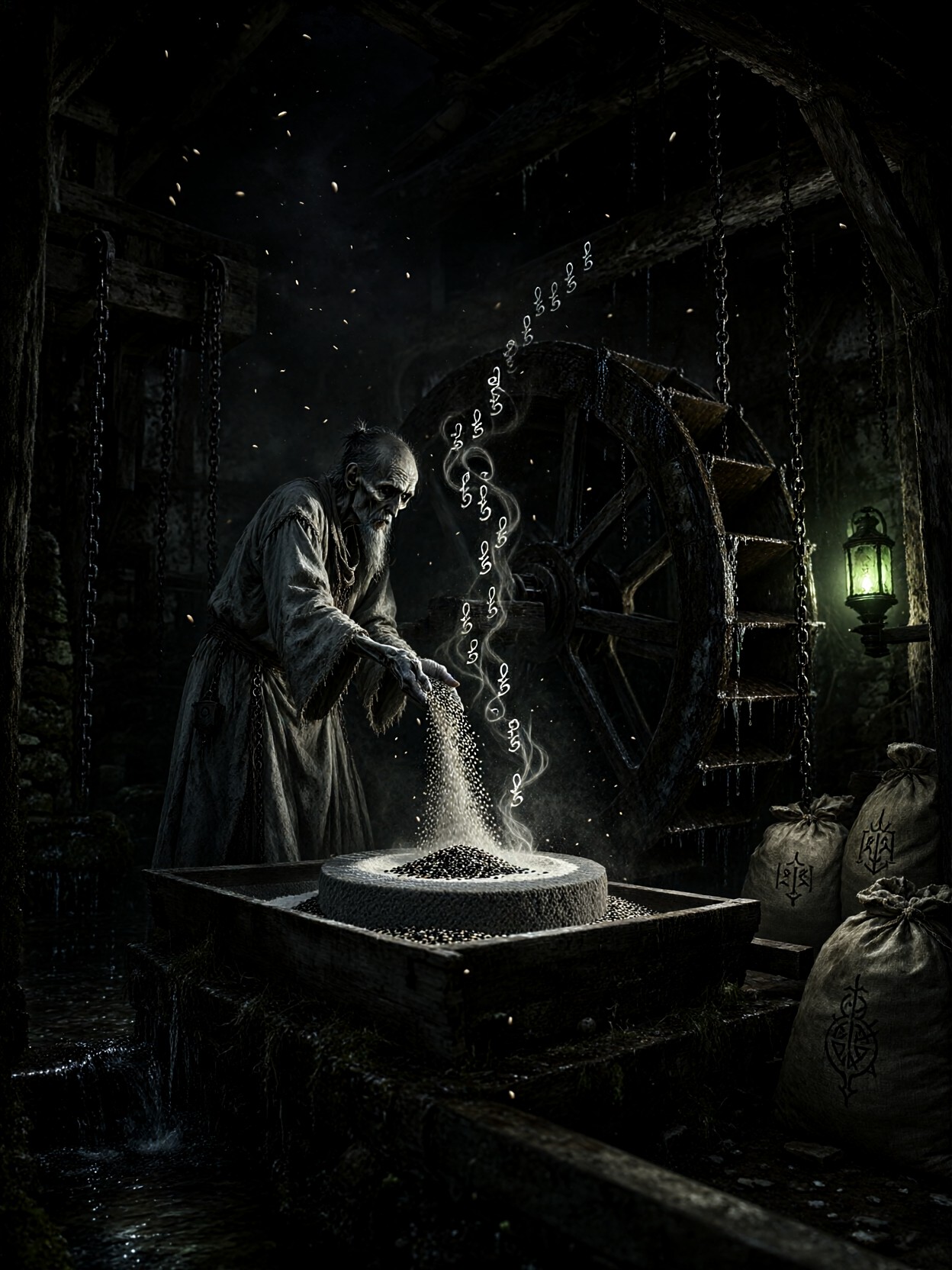 Miller Feeding Black Grain In Haunted Mill — AI generated image