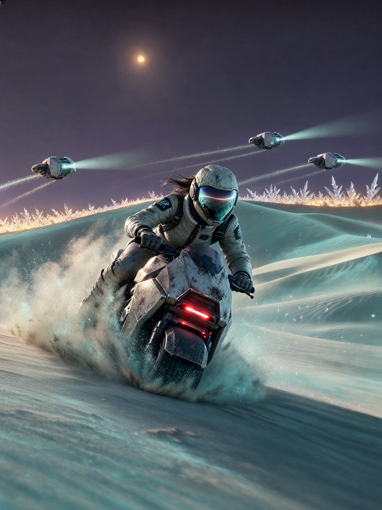 Courier Hoverbike Chase On Alien Dunes — AI generated image
