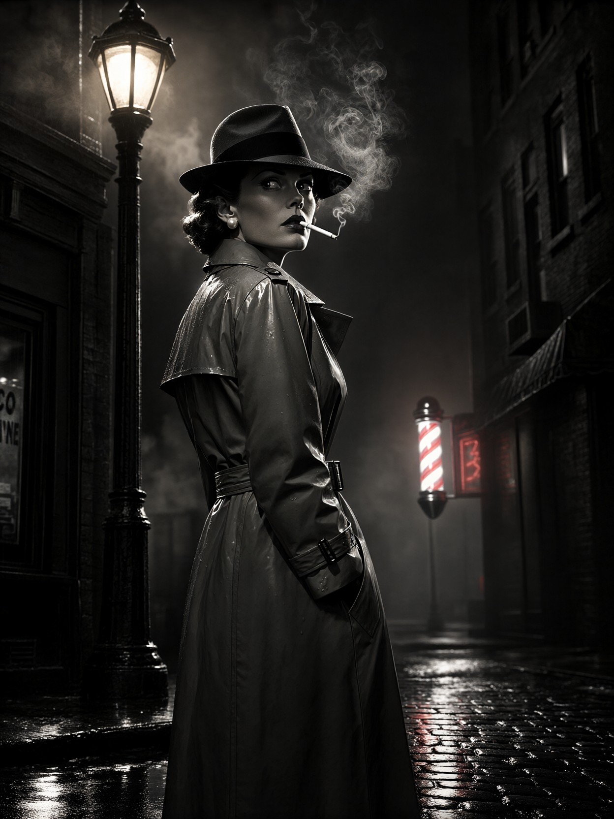 Noir Woman Under Flickering Streetlamp — AI generated image