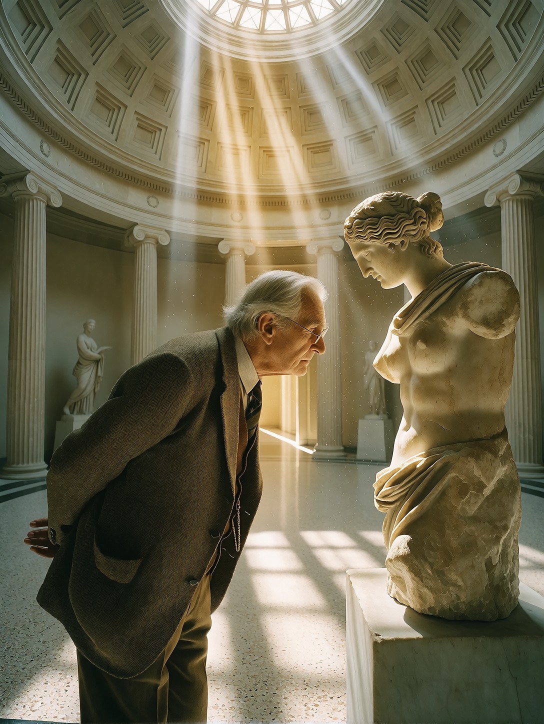 Elderly Man Admiring Marble Sculpture — AI generated image