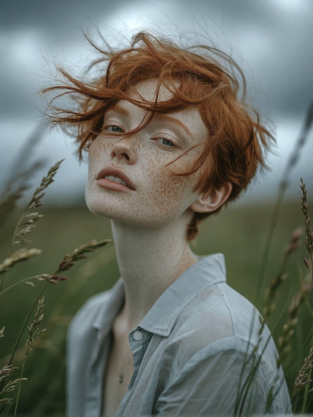 Redhead Woman In Misty Meadow — AI generated image