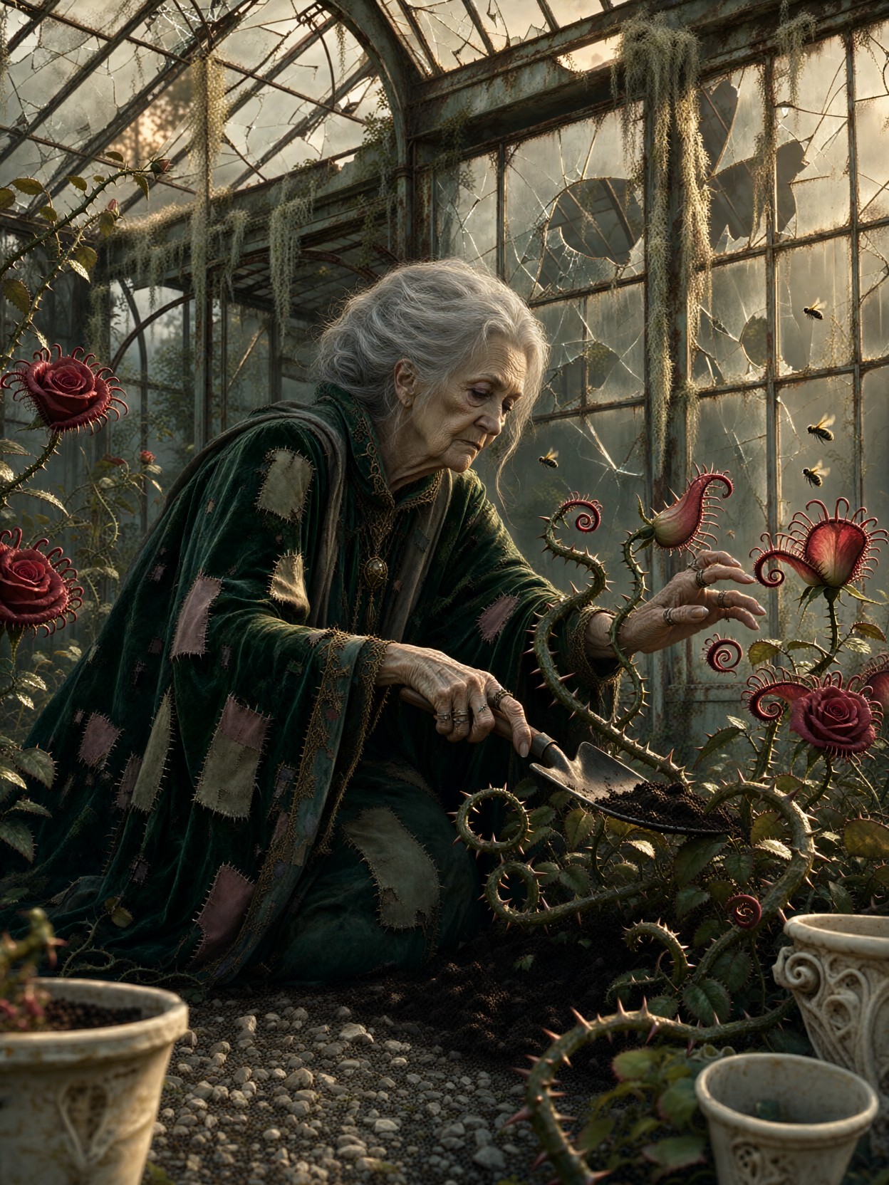 Witch Queen Tending Carnivorous Roses — AI generated image