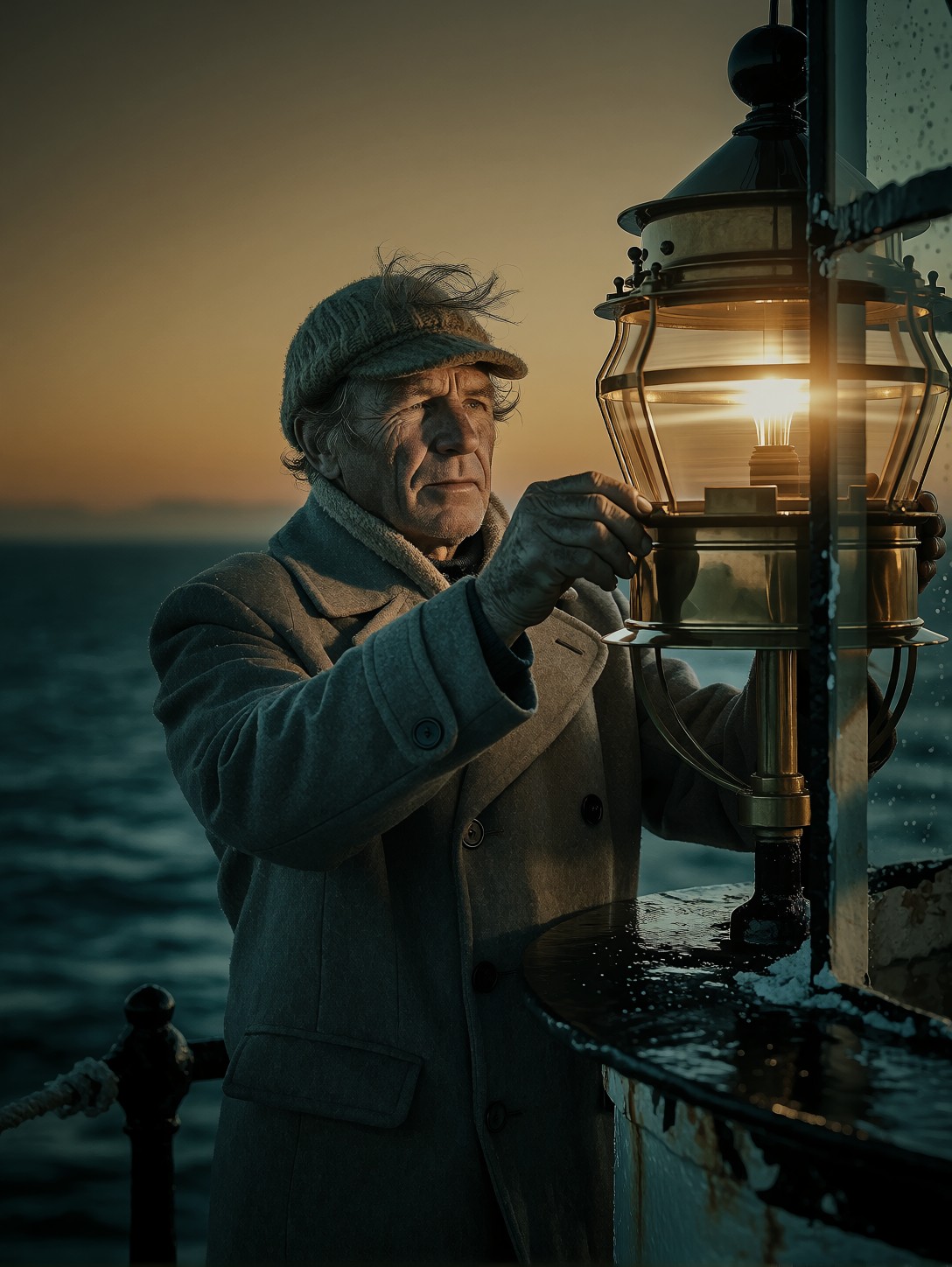 Weathered Lighthouse Keeper At Dusk — AI generated image