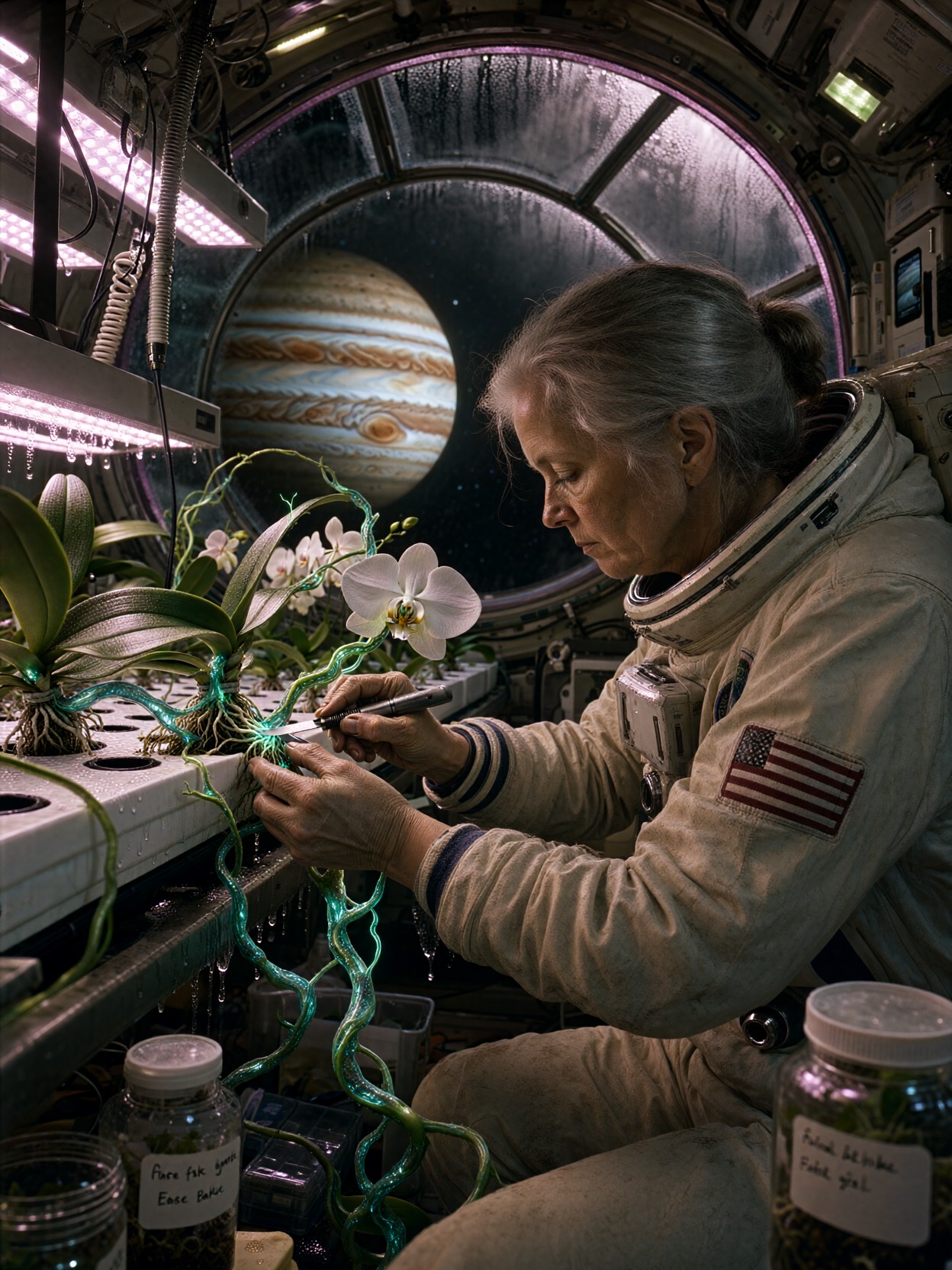 Botanist Grafting Alien Vines In Orbit — AI generated image