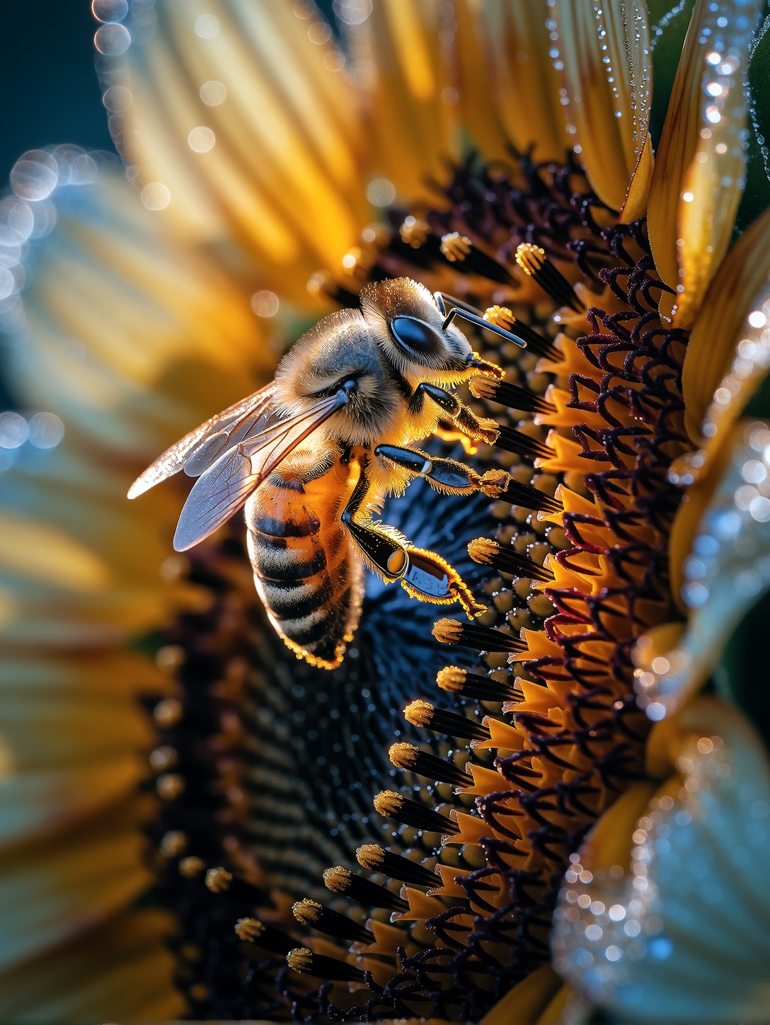 Pollen-Dusted Honeybee On Sunflower Dawn — AI generated image