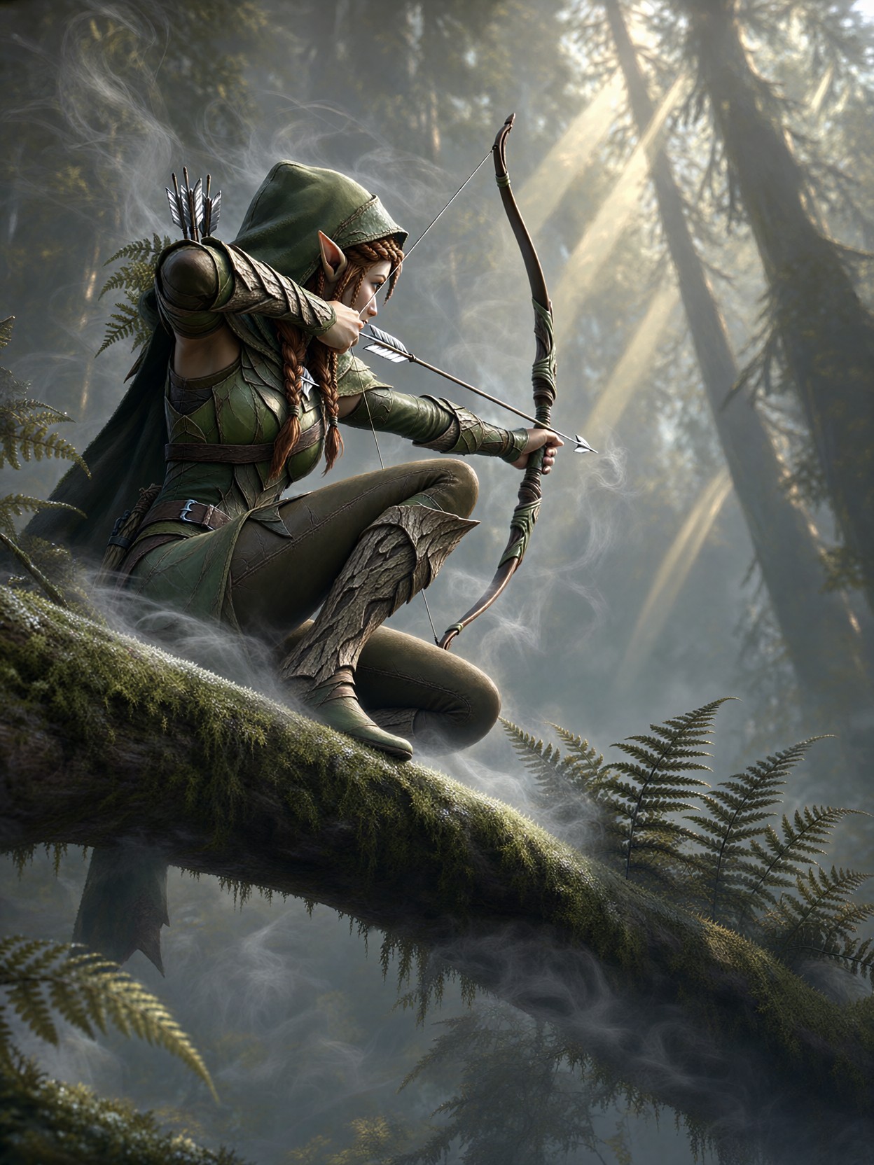 Elven Archer In Misty Forest — AI generated image