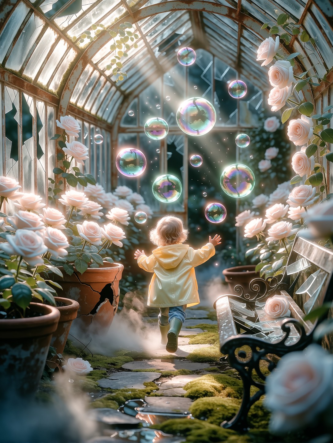 Child Chasing Bubbles In Greenhouse — AI generated image