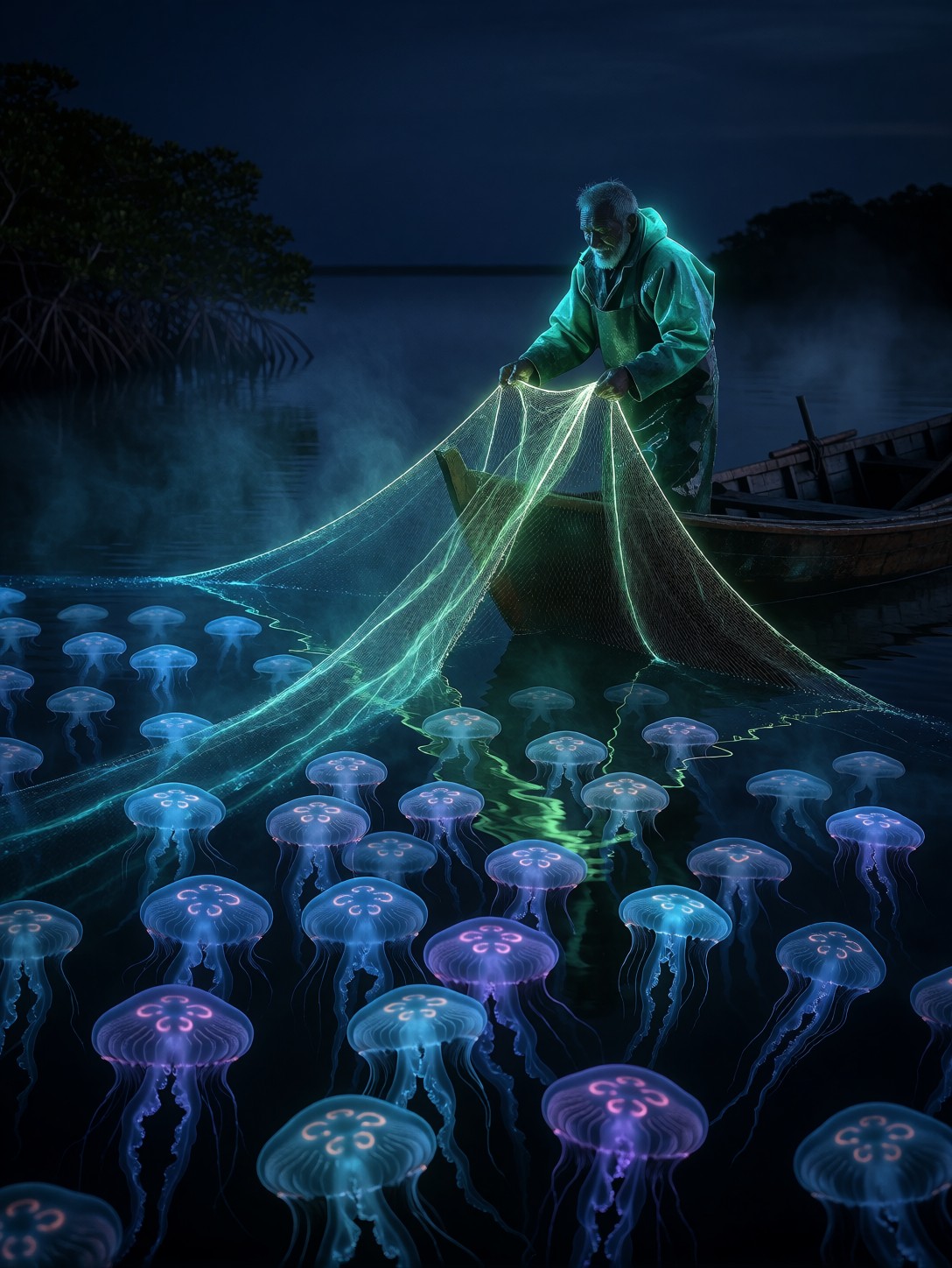 Fisherman Casting Glowing Net — AI generated image