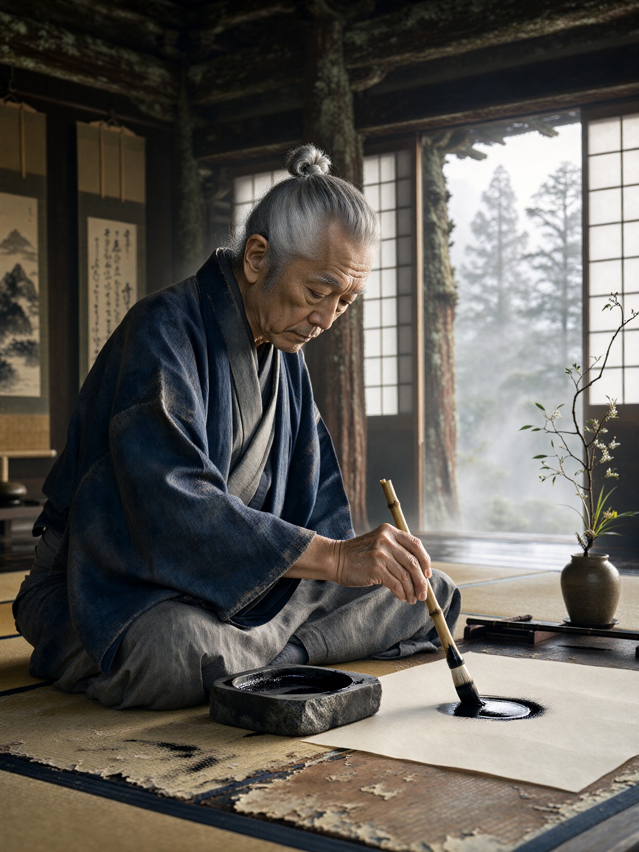 Elderly Calligrapher In Temple Studio — AI generated image