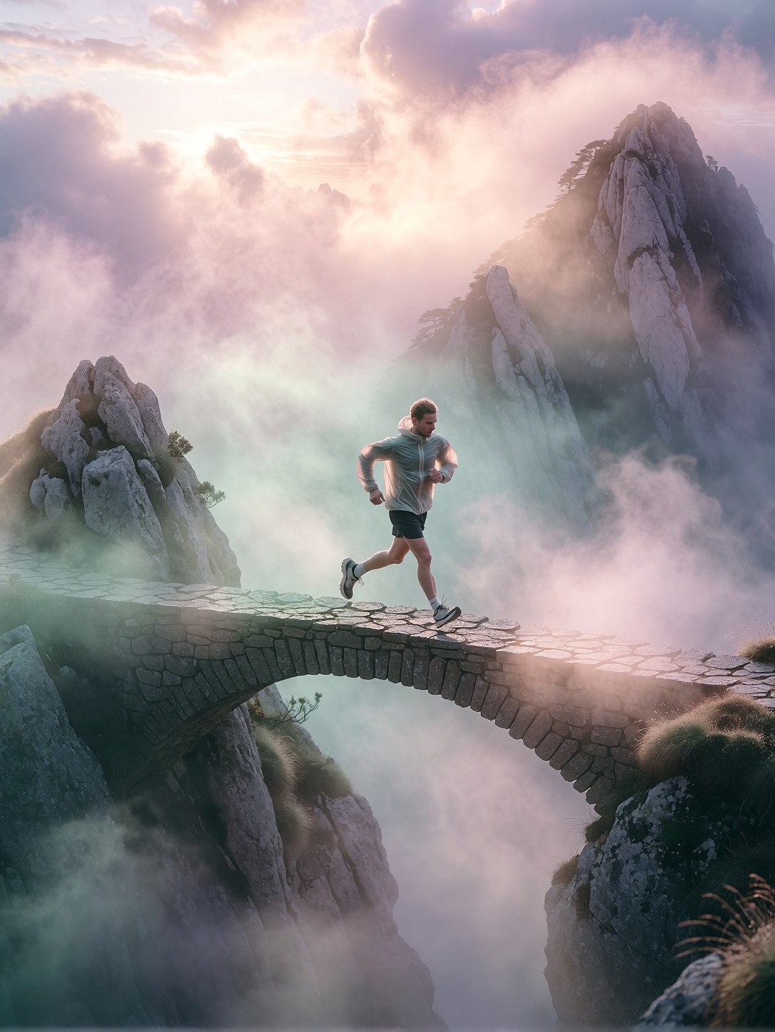 Runner Crossing Misty Mountain Bridge — AI generated image