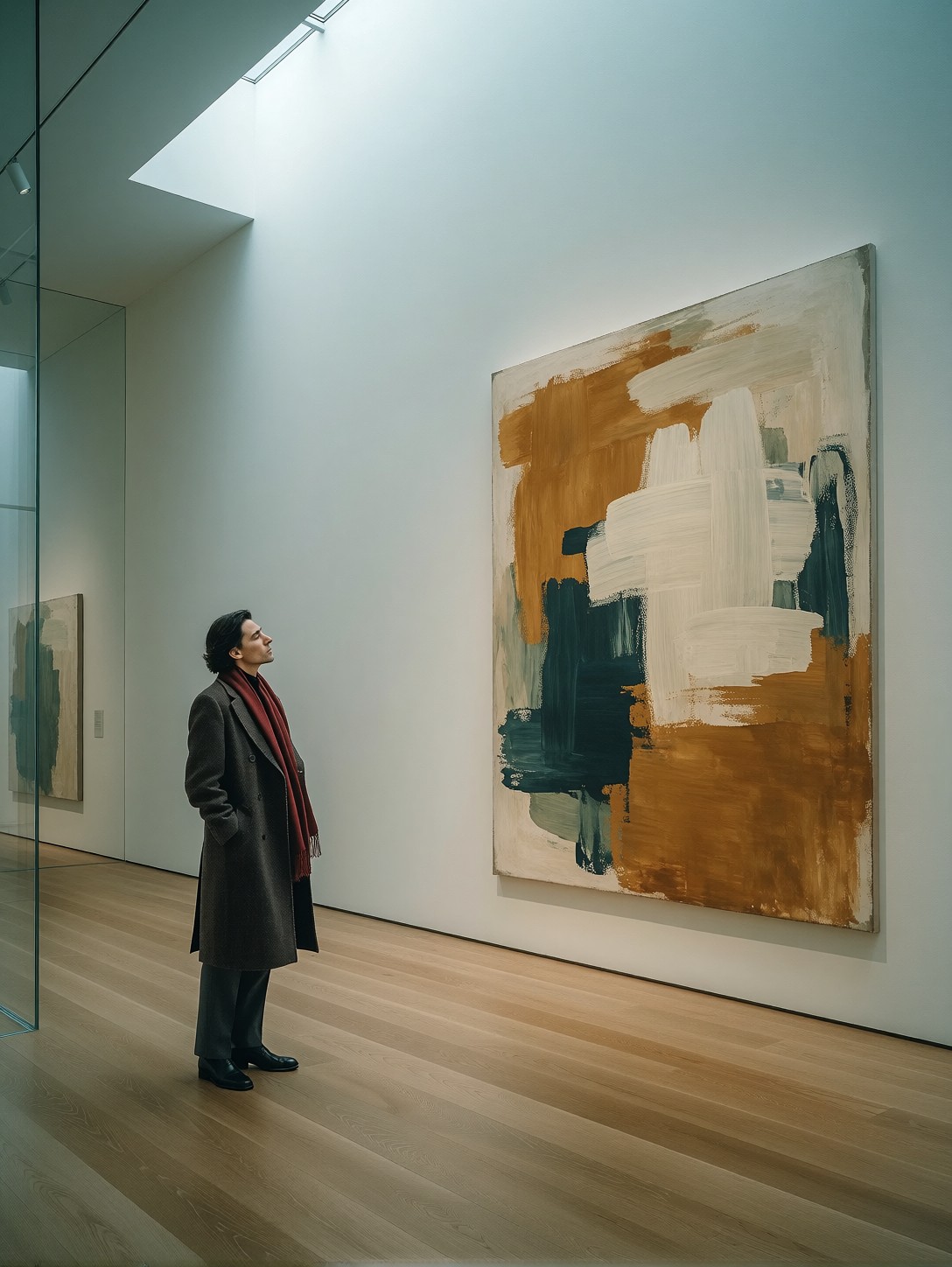 Visitor Contemplating Abstract Gallery Art — AI generated image