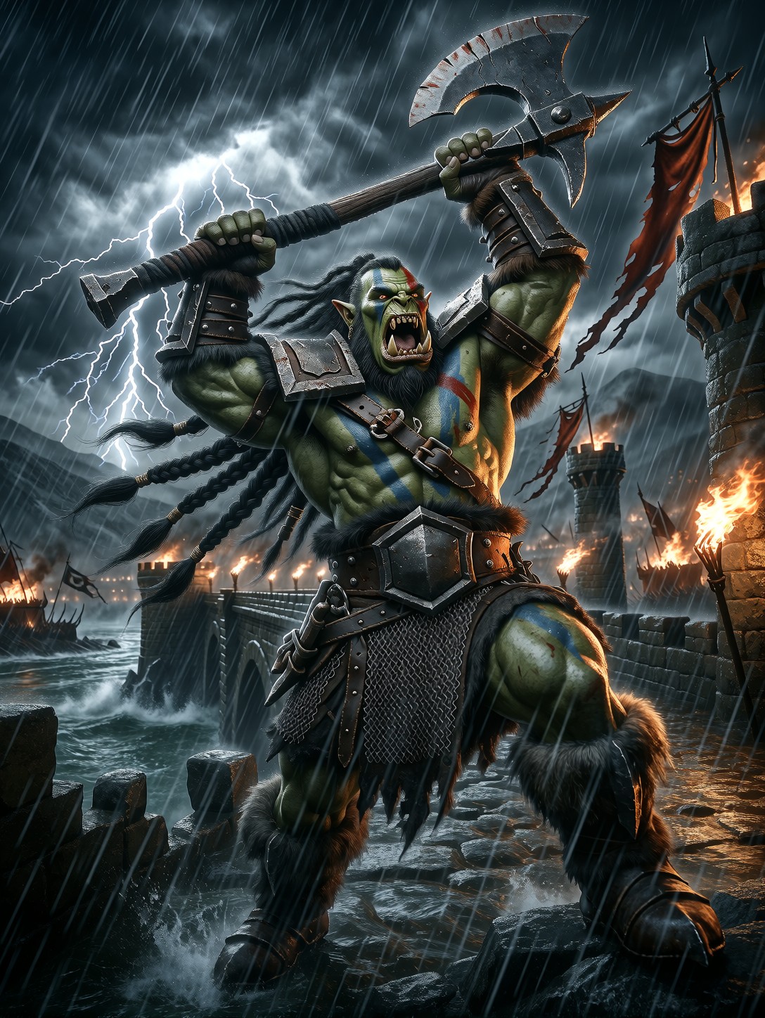 Roaring Orc Berserker On Stormy Bridge — AI generated image
