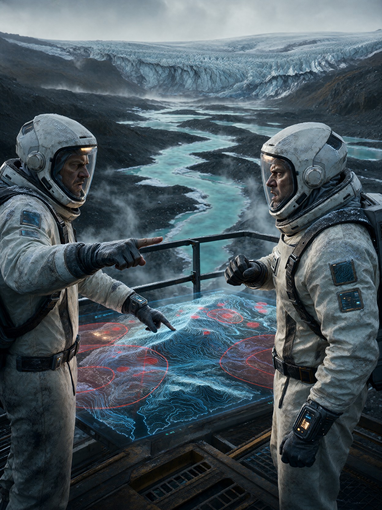 Rival Engineers Argue Over Glacier Valley — AI generated image