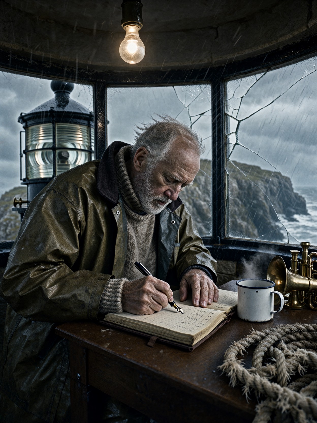 Lighthouse Keeper Writing Logbook — AI generated image