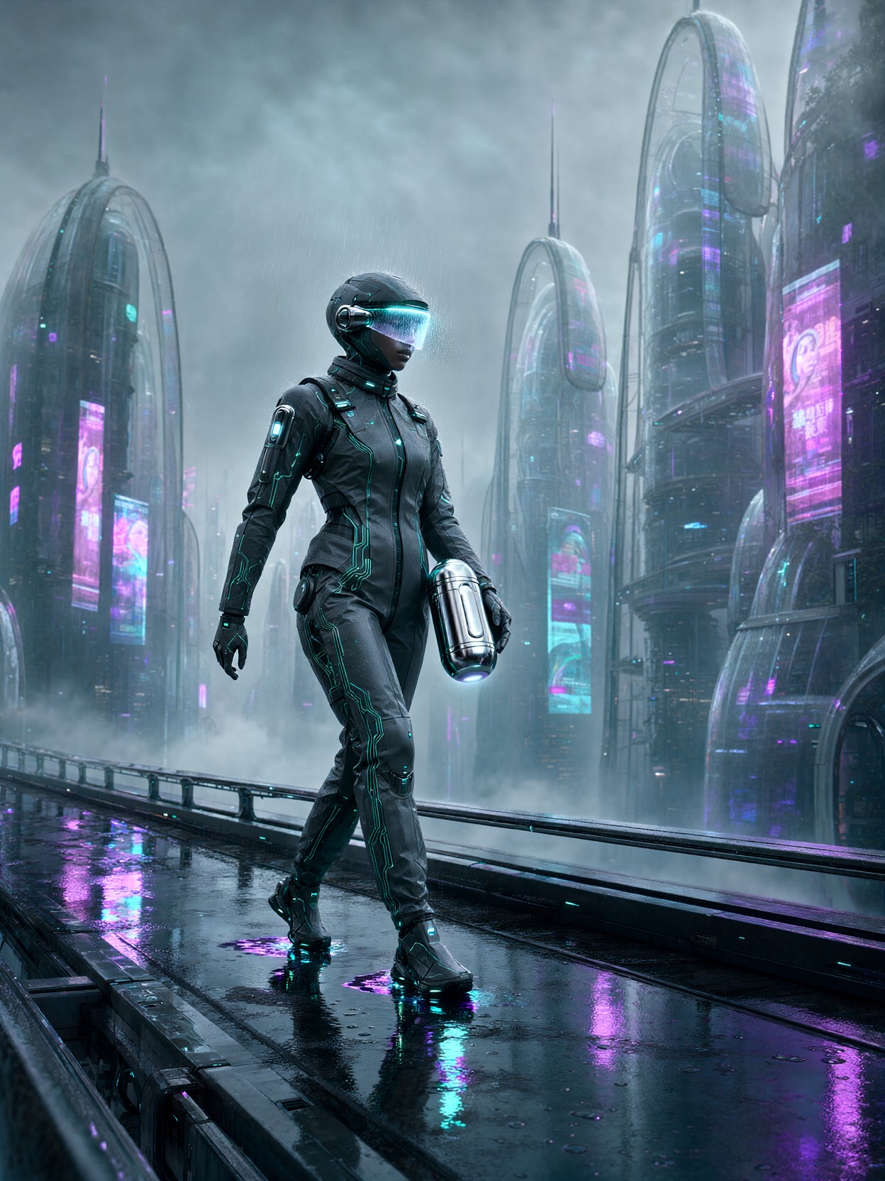Courier On Rainy Megacity Skybridge — AI generated image
