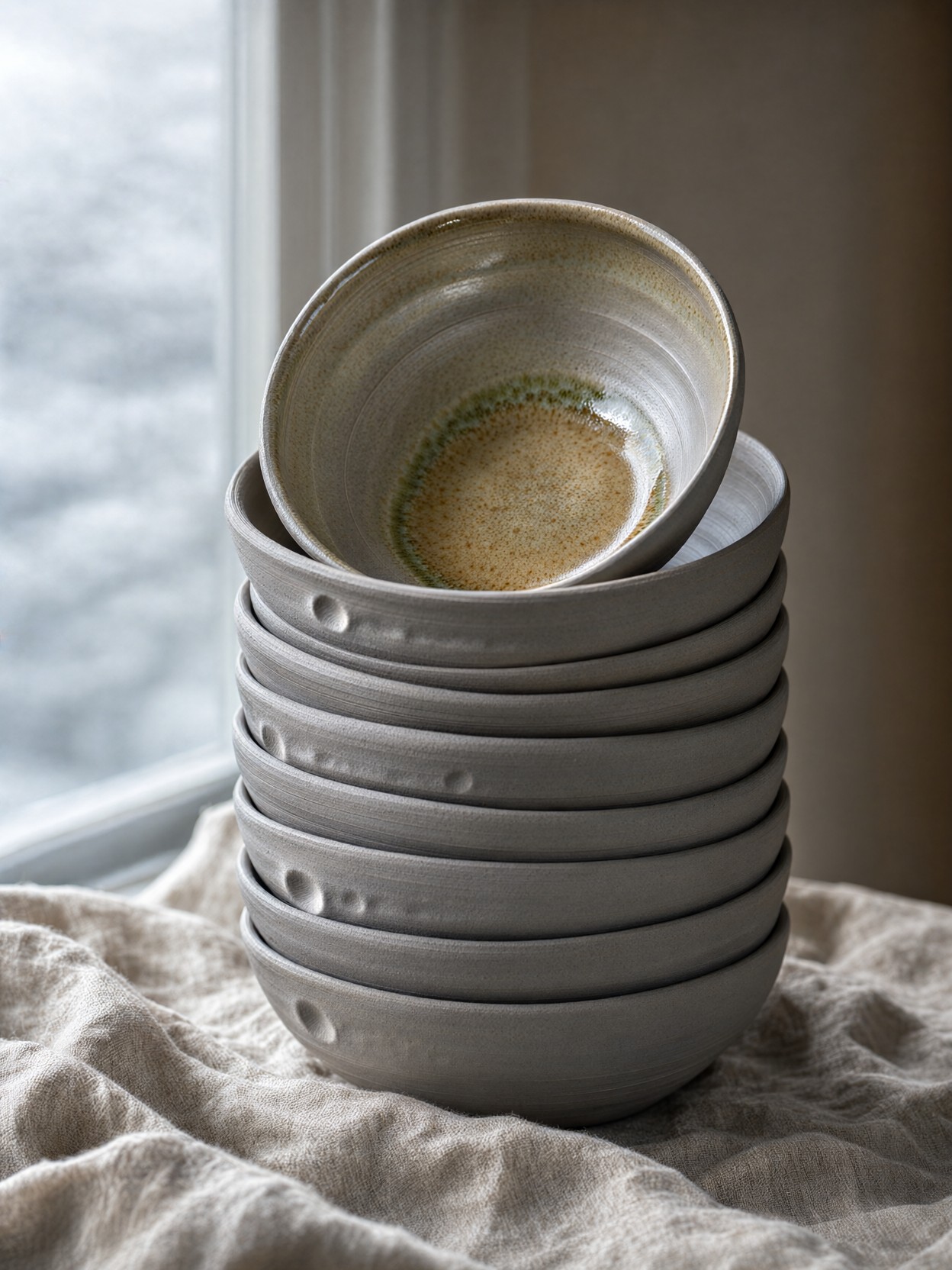 Stacked Stoneware Bowls On Linen — AI generated image