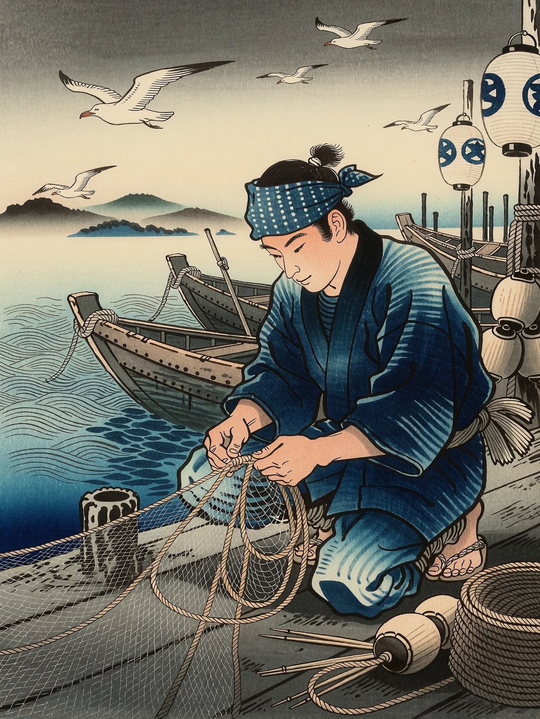 Fisherman Weaving Net Harbor Morning — AI generated image