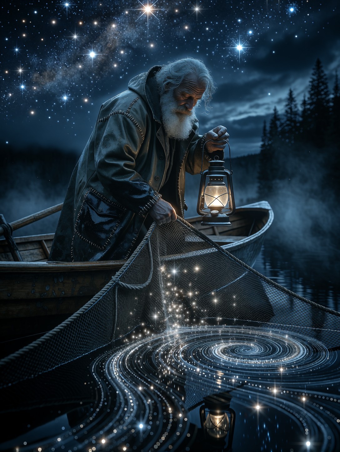 Fisherman Hauling Net Of Starlight — AI generated image